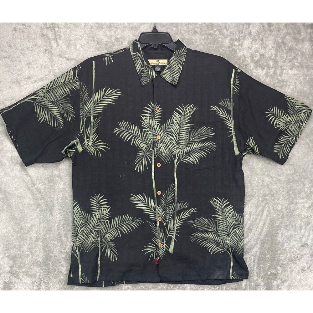 Tommy Bahama Hawaiian Shirt Men's Silk Large Black Bamboo‎ Short Sleeve